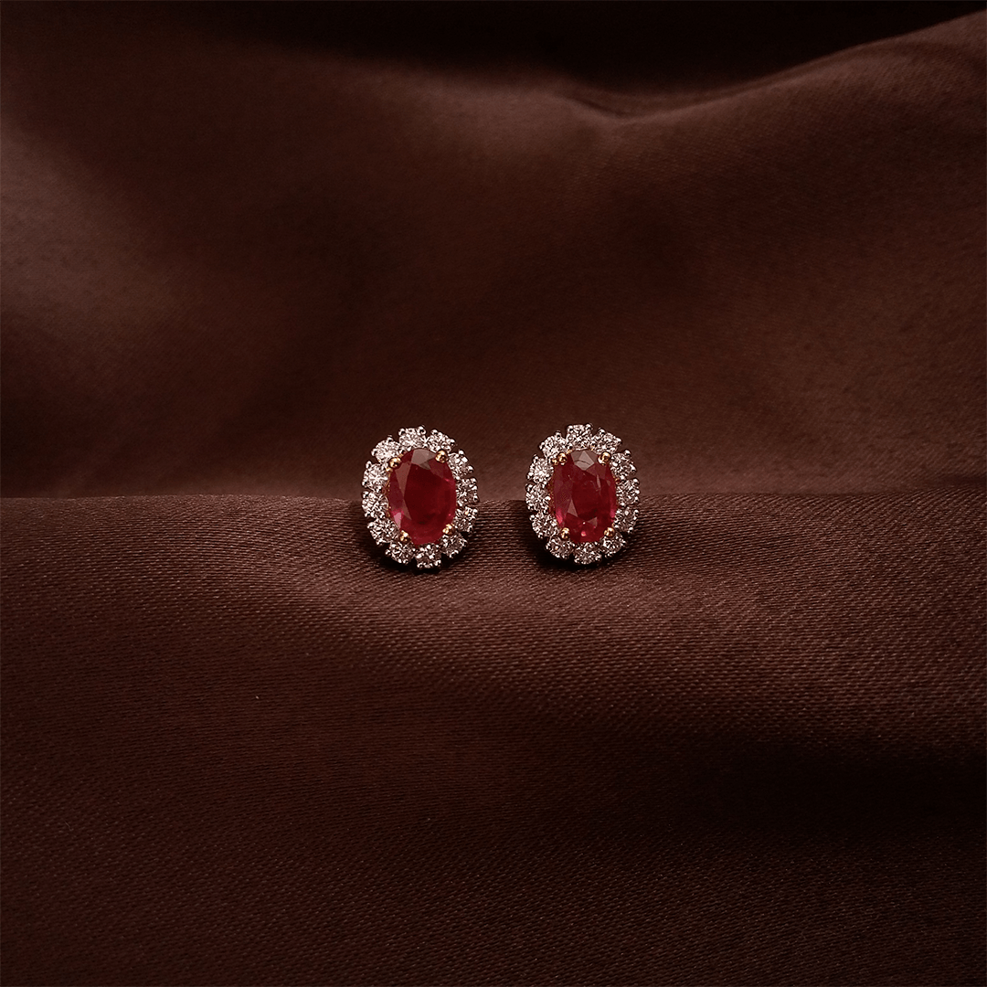 High Class Ruby Diamond Halo Earrings in 14K Gold