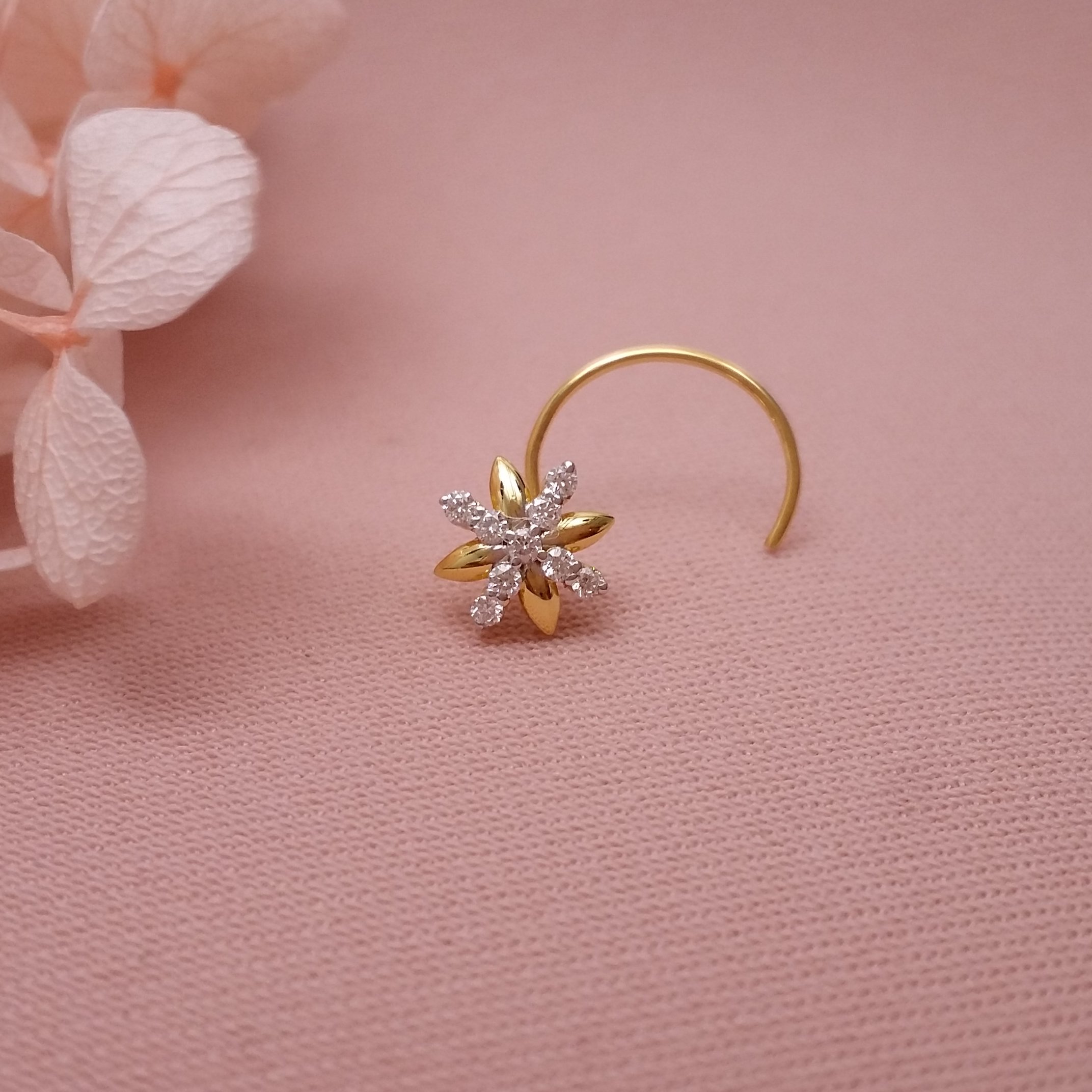 Buy HeeraLeaf Diamond Nose Pin 18 KT yellow gold (0.48 gm). | Online By Giriraj Jewellers