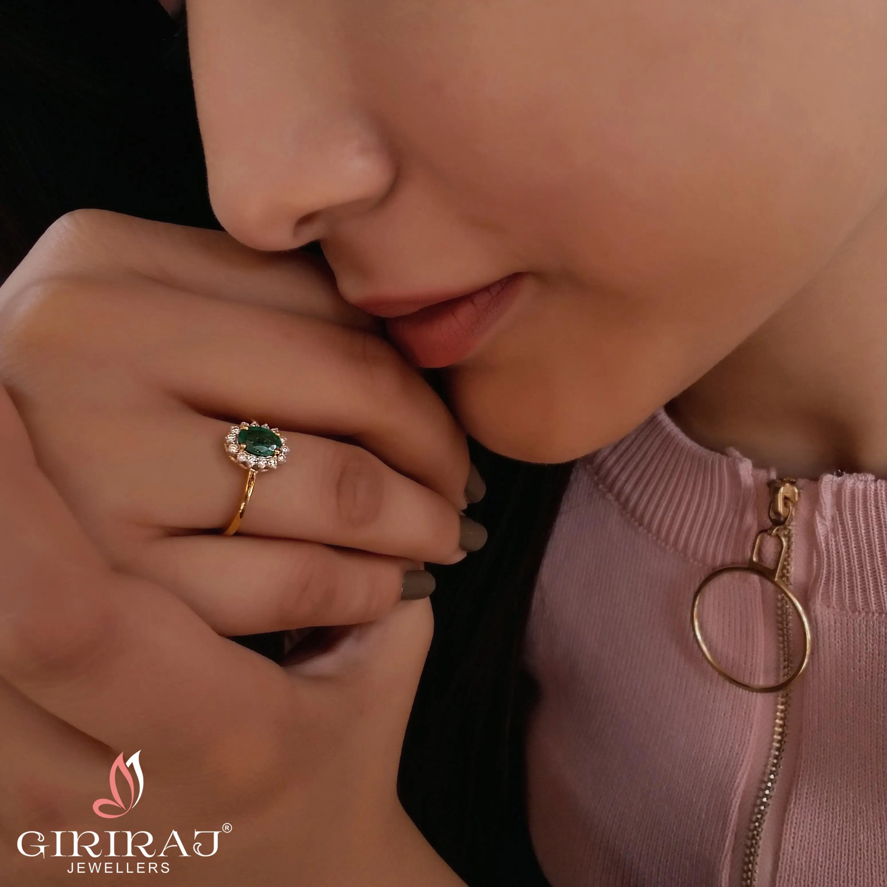Buy Soliloquy Emerald Diamond Ring 18 KT yellow gold (2.86 gm). | Online By Giriraj Jewellers