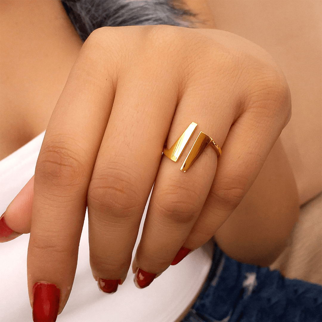 Matte finish gold and silver plated open ring with hammered design in  triangle shape. -