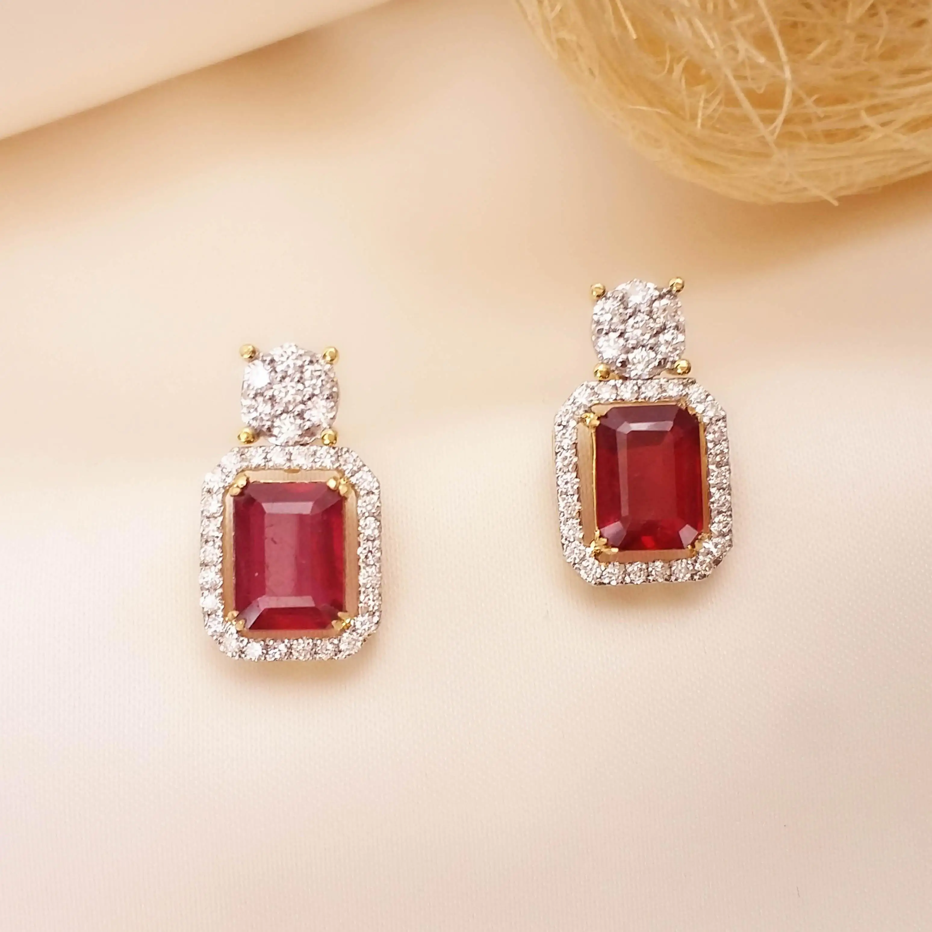 Buy Glowing Ruby Diamond Stud Earrings 18 KT yellow gold (4.4 gm). | Online By Giriraj Jewellers